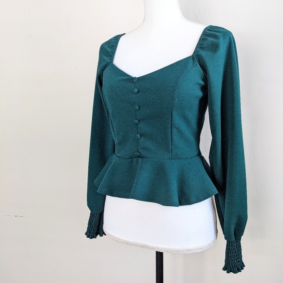 Dark Green Runched Peplum Top. Small. - Picture 5 of 5